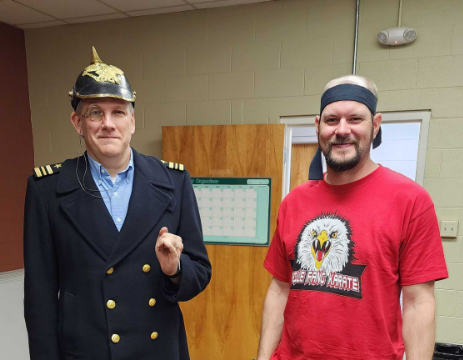 Kurt Studt (left) dressed in a Prussian Military Officer costume and Terry Benson (right) dressed as a Karate Master.