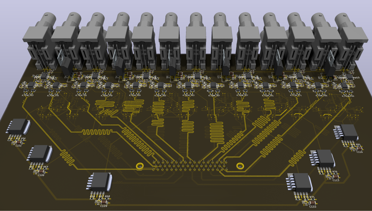 Colored 3D rendering of a front end amplifier board used to clean up and amplify readings from the B-Dot probes that analyze the RF waves used to heat plasma for WHAM.