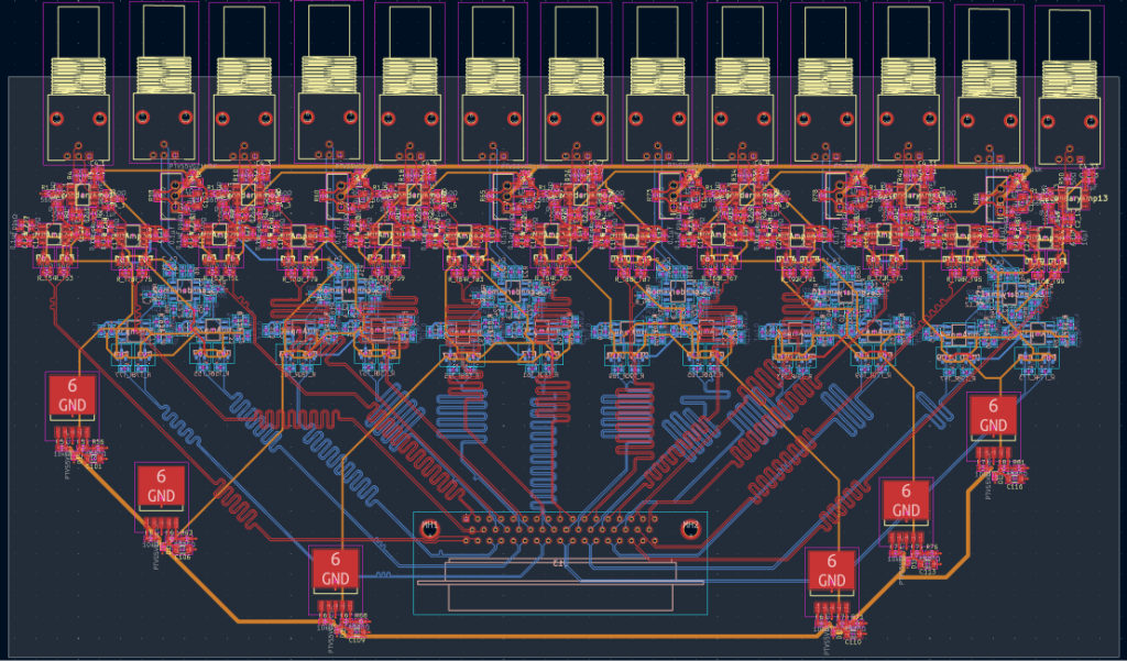 PCB Layout of a front end amplifier board used to clean up and amplify readings from the B-Dot probes that analyze the RF waves used to heat plasma for WHAM.