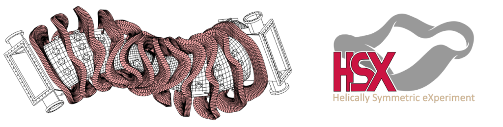 Helically Symmetric eXperiment CAD drawing on the left, and HSX logo on the right.